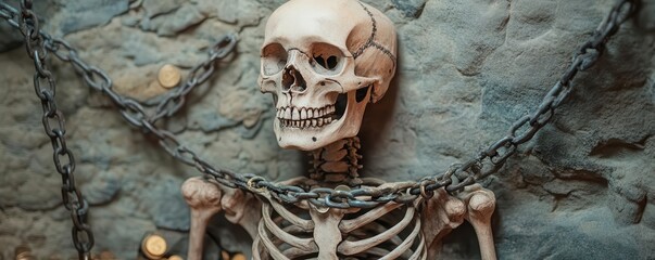 A pirate's skeleton chained to a wall in a dungeon with old coins scattered, pirate skeleton, dungeon, coins