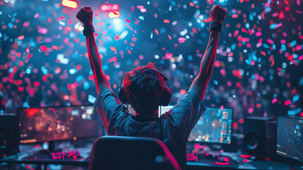 Triumphant esports player celebrating a win, digital confetti, victory, accomplishment, competition 