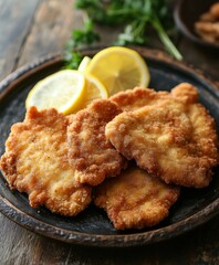 Crispy fried chicken cutlets served with fresh lemon slices on plate