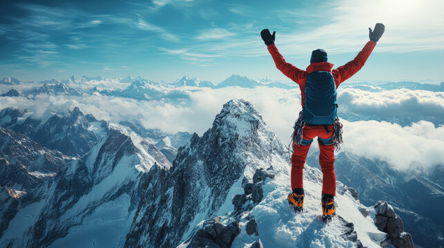 Triumphant mountain climber reaching the peak, raising hands in joy, victory, accomplishment, competition