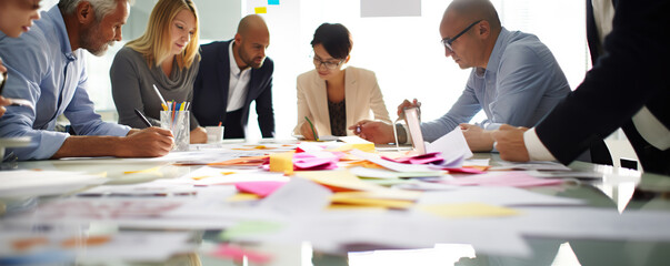 Diverse team engaged in collaborative brainstorming session with colorful sticky notes and documents in a bright office environment