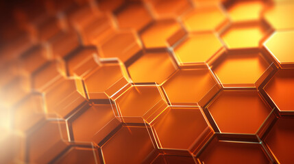 Orange hexagon Background. Close-up a surface made up of hexagonal shapes, honeycomb pattern, metallic. Glowing, three-dimensional, depth. Geometric, modern and futuristic design.