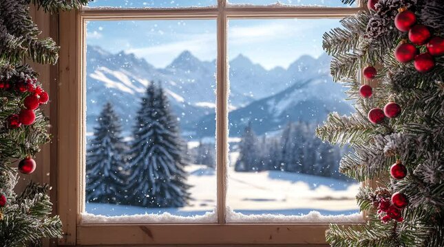 Snowy winter landscape seen through a window with frost on the glass and peaceful surroundings
 seamless looping 4k time-lapse virtual video animation background. generated ai