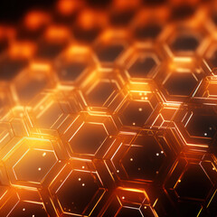 Orange hexagon Background. Close-up a surface made up of hexagonal shapes, honeycomb pattern, metallic. Glowing, three-dimensional, depth. Geometric, modern and futuristic design.