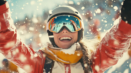 Triumphant skier on the podium with a gold medal