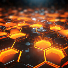 Obraz premium Orange hexagon Background. Close-up a surface made up of hexagonal shapes, honeycomb pattern, metallic. Glowing, three-dimensional, depth. Geometric, modern and futuristic design.