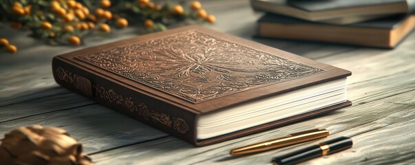 Personalized notebook with engraved cover, gift-ready presentation, 3D illustration