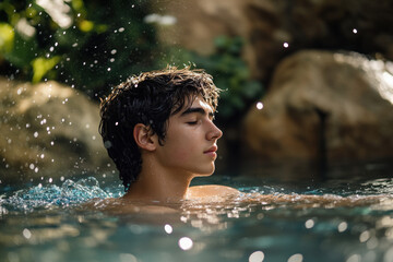 Obraz premium Young man is enjoying the benefits of hydrotherapy in a kneipp pool, surrounded by lush greenery