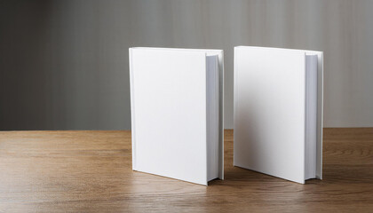 Mock-up of two blank white books with hard cover on wooden table. Empty template.