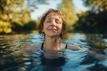 Fototapeta premium Mature woman with closed eyes is having a kneipp therapy bath in a pool