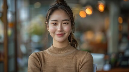 Obraz premium Charming Asian woman with a smile standing holding papers and mobile phone at the office