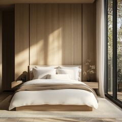 Serene Minimalist Bedroom: Natural Light & Warm Wood Accents
