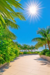 A tropical pathway under a radiant sun surrounded by lush palm trees and vibrant foliage
