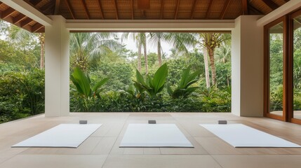 Fototapeta premium Serene yoga retreat in tropical setting