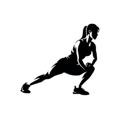 a powerful woman with long hair, stretching her muscles. The silhouette should be set against a white background