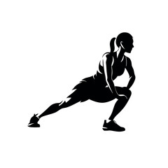a powerful woman with long hair, stretching her muscles. The silhouette should be set against a white background