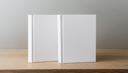 Mock-up of two blank white books with hard cover on wooden table. Empty template.