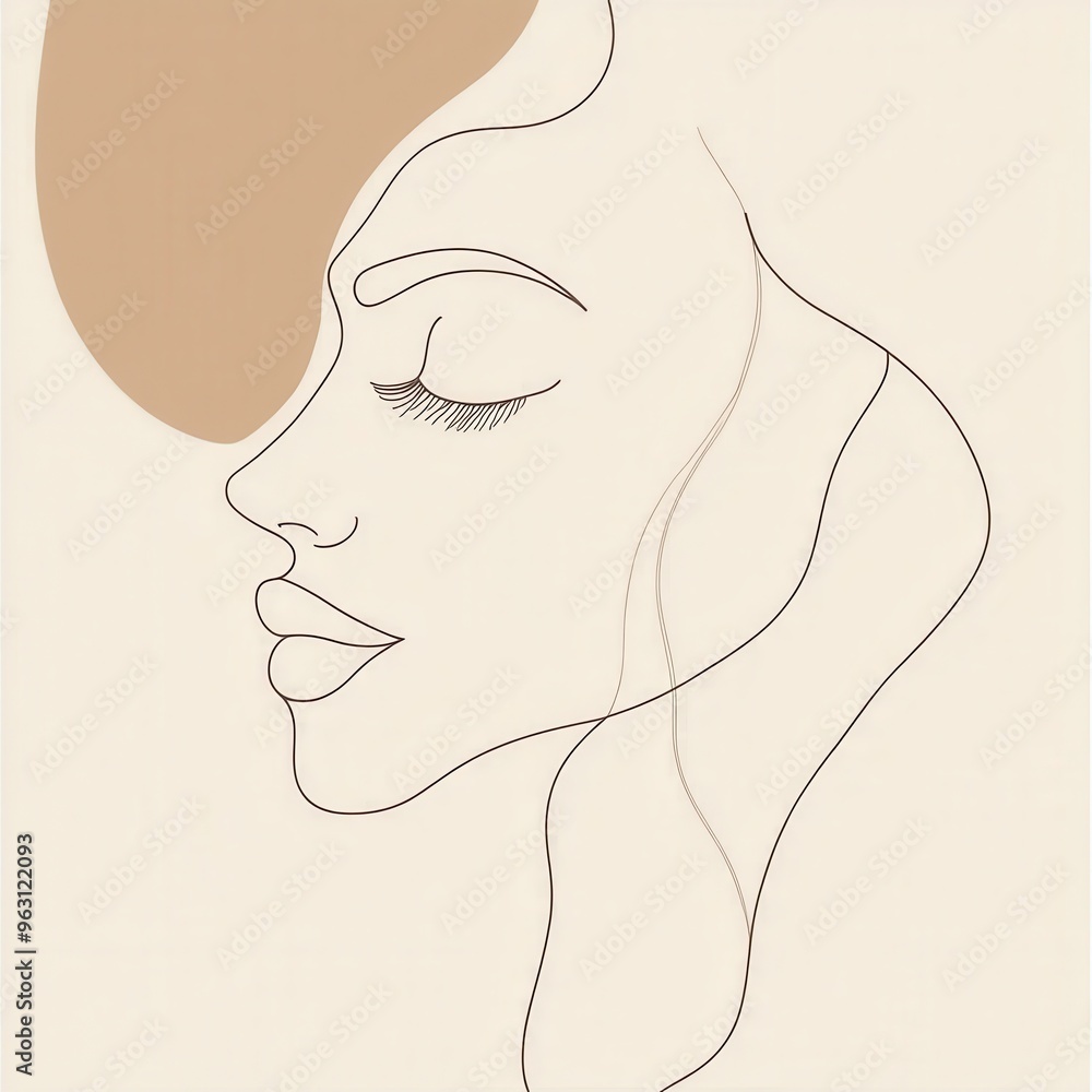 Poster A graceful depiction of a woman's profile with elegant lines accentuating her features on a calm, neutral backdrop. Generative AI