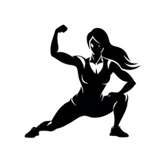 a powerful woman with long hair, stretching her muscles. The silhouette should be set against a white background