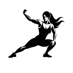 a powerful woman with long hair, stretching her muscles. The silhouette should be set against a white background