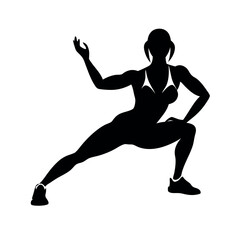 a powerful woman with long hair, stretching her muscles. The silhouette should be set against a white background