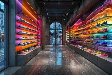 A store with a rainbow of shoes on display