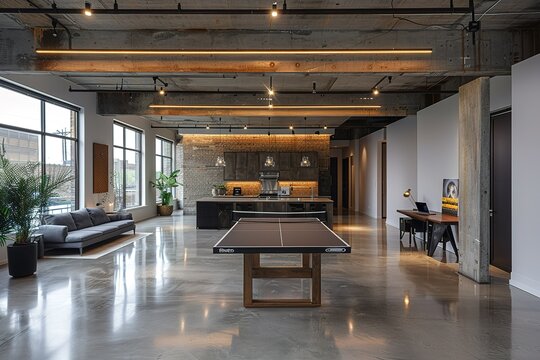 A large room with a ping pong table in the middle