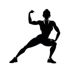 a powerful woman with long hair, stretching her muscles. The silhouette should be set against a white background