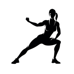 a powerful woman with long hair, stretching her muscles. The silhouette should be set against a white background