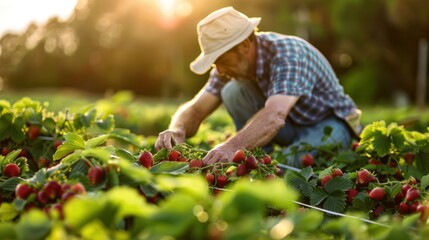 A gardener is picking strawberries in a red strawberry field.