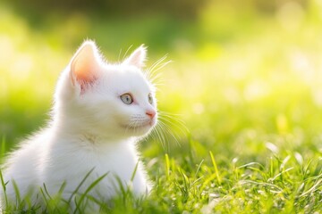 A playful white kitten explores a sunlit grassy field on a warm afternoon