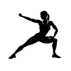 a powerful woman with long hair, stretching her muscles. The silhouette should be set against a white background