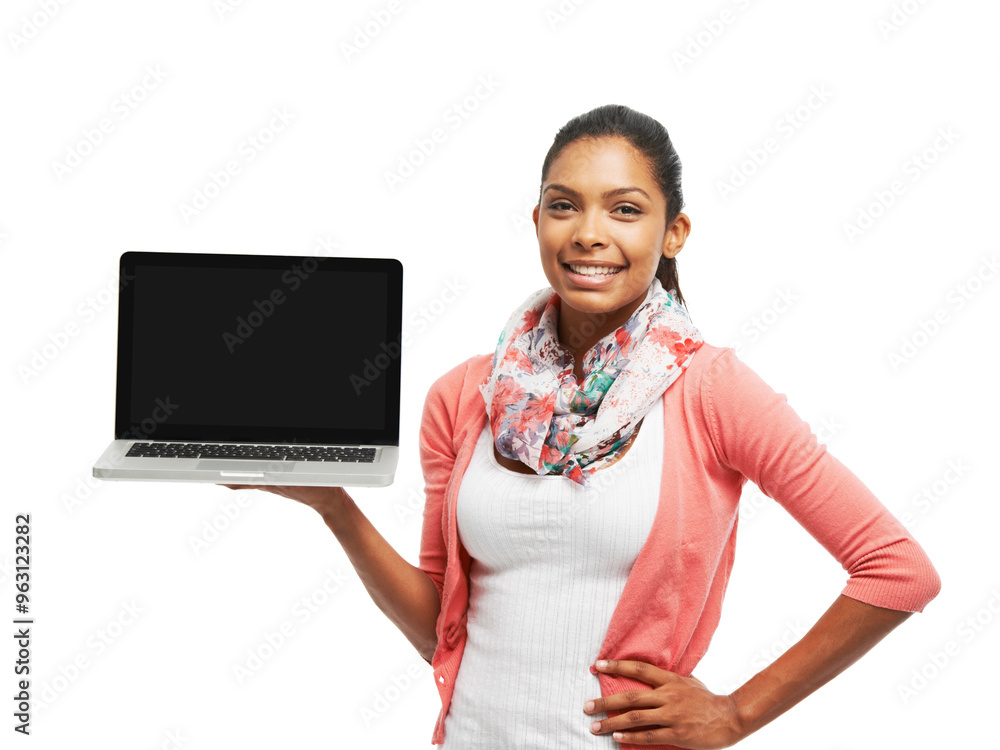 Wall mural happy woman, portrait and advertising with laptop screen for marketing or online app on a white stud