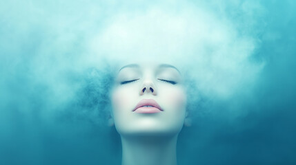 Woman relaxing in tranquil water with cloud-like mist above