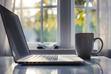 Coffee Mug and Laptop Side by Side on a Desk with Soft Light Streaming Through the Window – Creating the Perfect Relaxed Remote Work Atmosphere for Productivity and Creative Projects