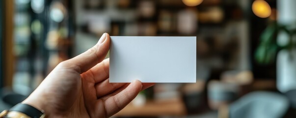 A hand holds a blank business card in a cozy cafe setting, perfect for branding and personal marketing concepts.