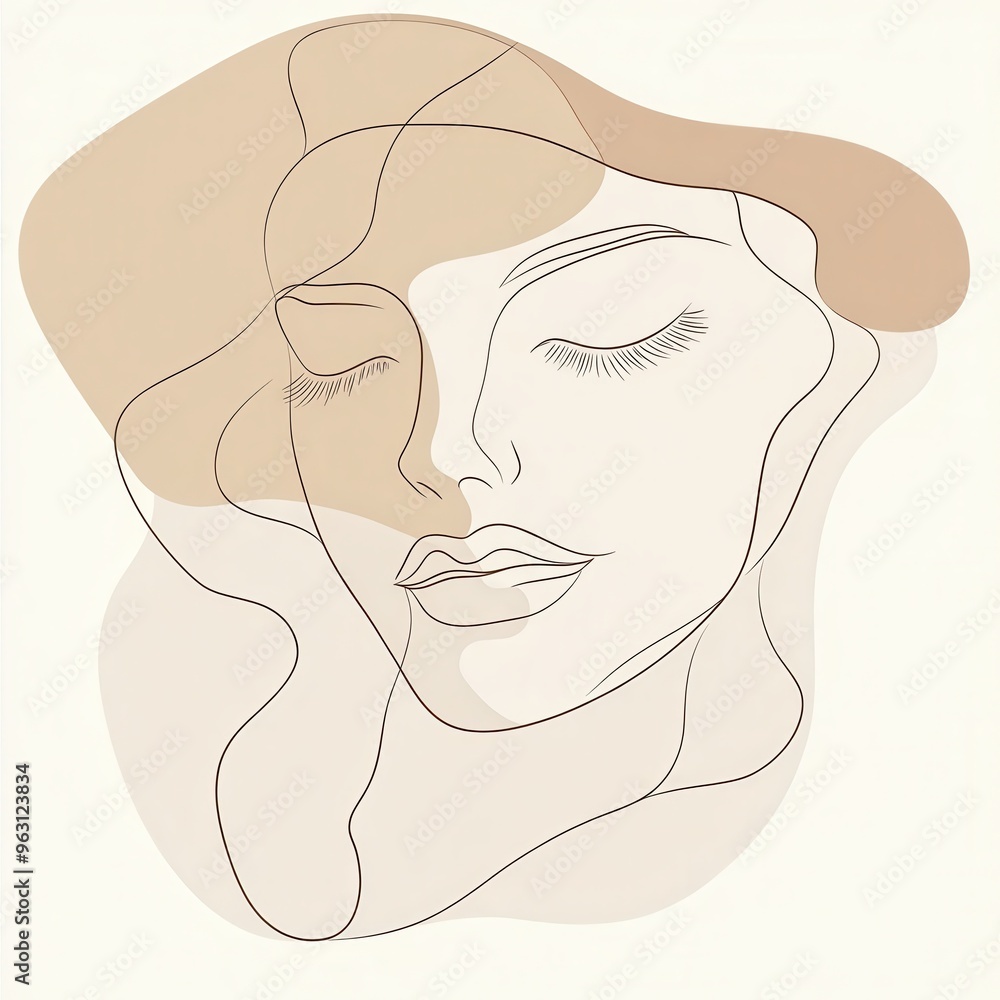 Poster a minimalist design features a woman's face in profile, outlined with graceful lines blending into a