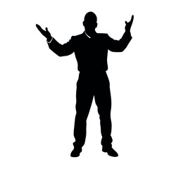 a fatty business man standing in an excited pose. The silhouette should be in black colour, isolated on a white background