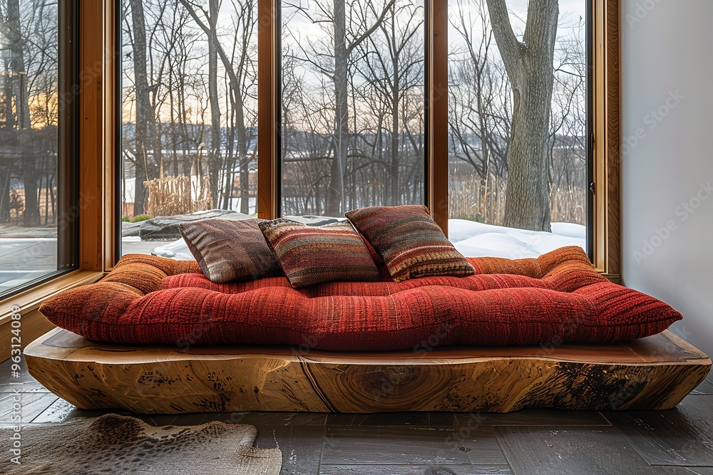 Aufkleber a red couch with pillows on it sits in front of a window