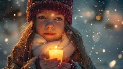 A cute little girl holds a lit candle amidst the white snow.