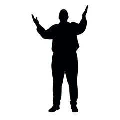 a fatty business man standing in an excited pose. The silhouette should be in black colour, isolated on a white background