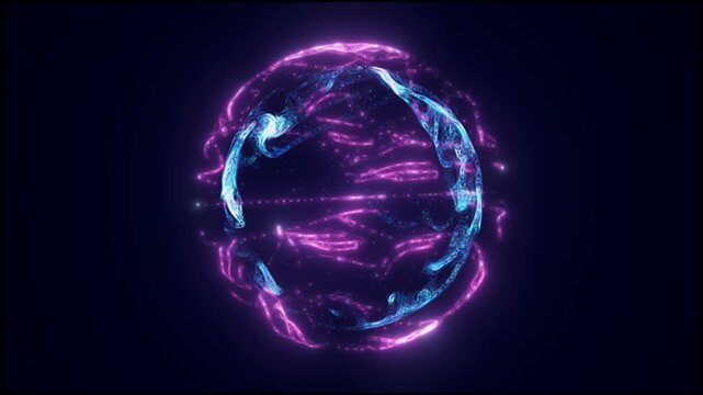 A glowing purple energy sphere with intricate patterns and vibrant light effects, floating in a dark space futuristic, technology, video in high quality 4k, motion design