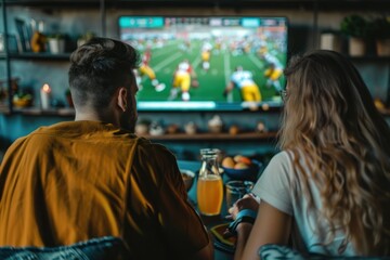 Obraz premium A group of men and women are watching a football game on TV together with glasses of beer in his house.