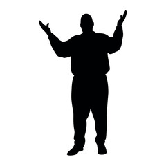 a fatty business man standing in an excited pose. The silhouette should be in black colour, isolated on a white background