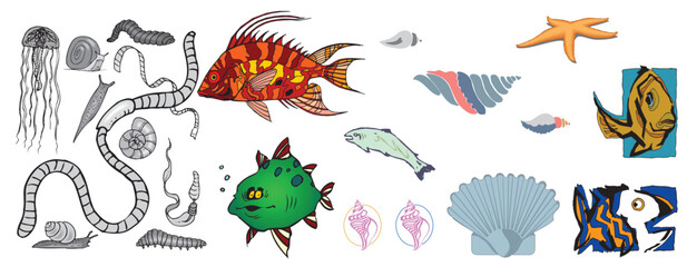 Water Sea Creaters fishes fish seahorse Tortoise Sea Lion star Animals Silhouette - compendium vector illustrations editable best art design for logo icon multipurpose use in high definition format