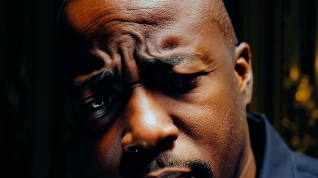 Close-up of a middle-aged man with a bald head expressing envy, dark, luxurious background. 