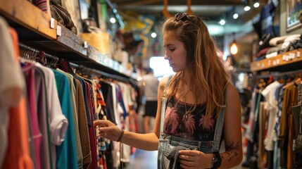 Fototapeta premium A woman looks at shirts in a department store store.