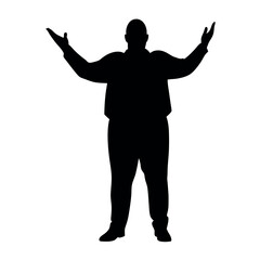 a fatty business man standing in an excited pose. The silhouette should be in black colour, isolated on a white background