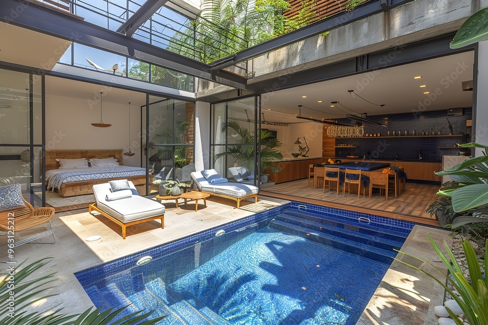 Poster a large open space with a pool and a patio area