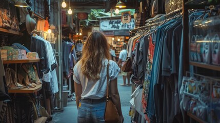 Obraz premium A woman looks at shirts in a department store store.